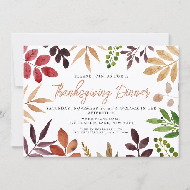 Invitation Dîner de Thanksgiving Feuilles d'automne colorées (Devant)