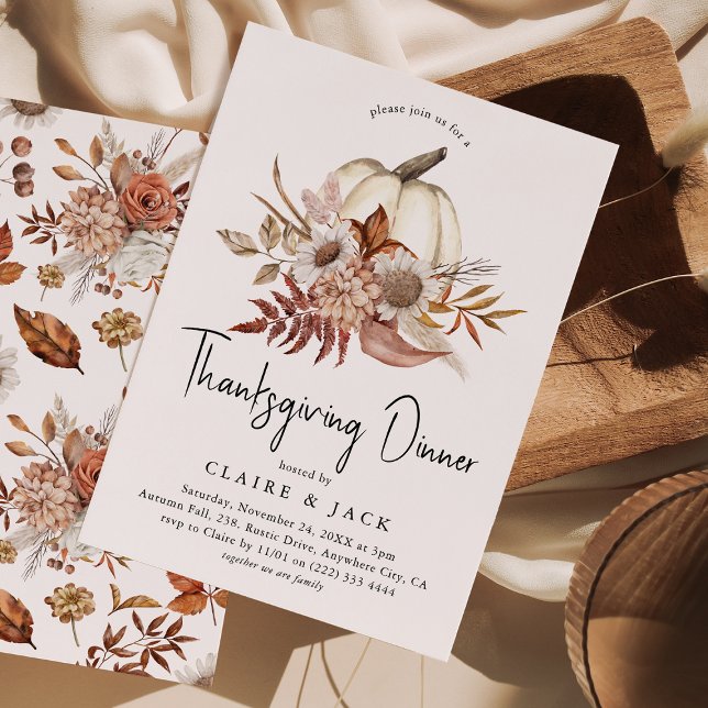 Invitation Dîner de Thanksgiving Fleur Automne Citrouille (Créateur téléchargé)