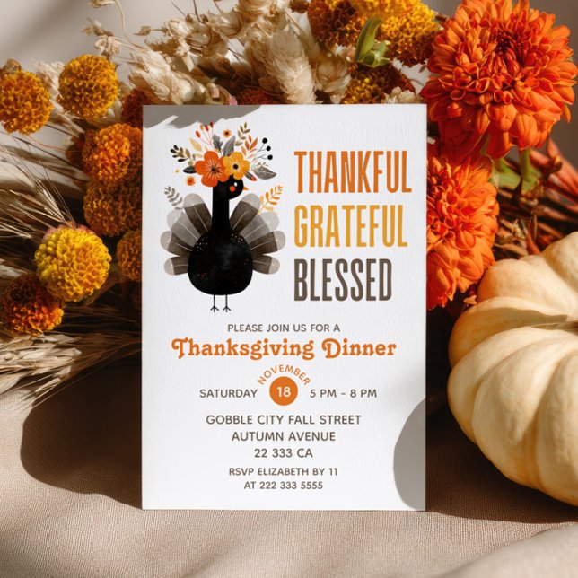 Invitation Dîner de Thanksgiving Fleurs d'automne Dinde à l'a (Créateur téléchargé)