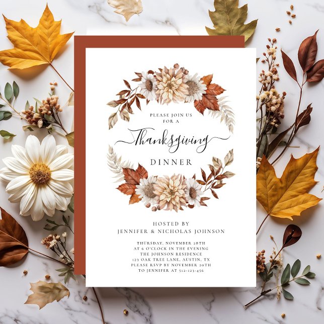 Invitation Dîner de Thanksgiving Fleurs d'automne rustiques  (Rustic Fall Floral Thanksgiving Dinner Invitation)