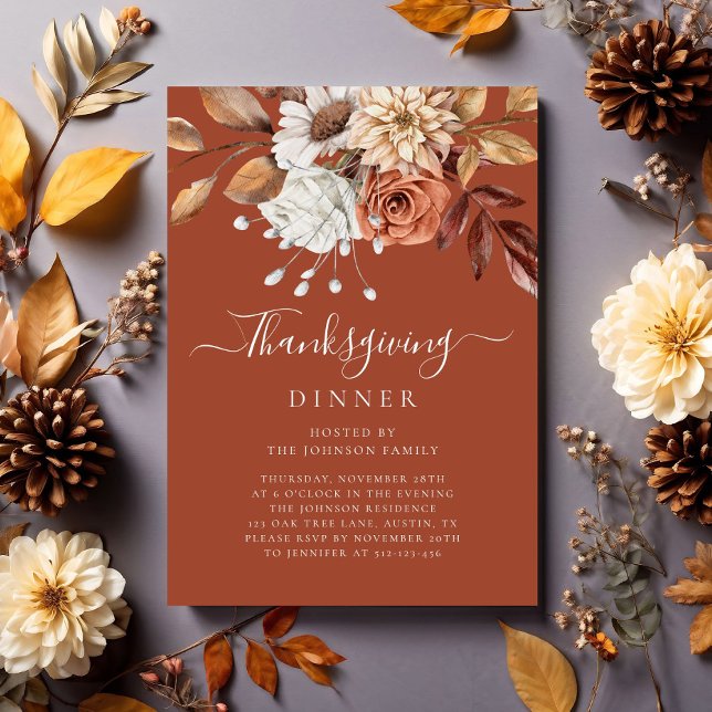 Invitation Dîner de Thanksgiving Fleurs d'automne Terracotta  (Elegant Terracotta Fall Floral Thanksgiving Dinner Invitation)