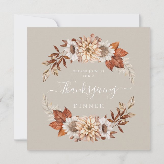 Invitation Dîner de Thanksgiving Fleurs de l'automne Taupe Ru (Devant)