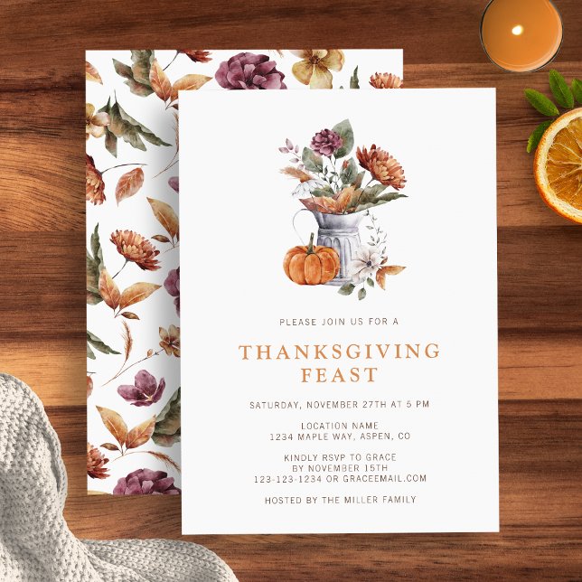 Invitation Dîner de Thanksgiving floral (Autumn floral Thanksgiving dinner Invitation rustic pumpkin autumn floral by Painted Paperie
)