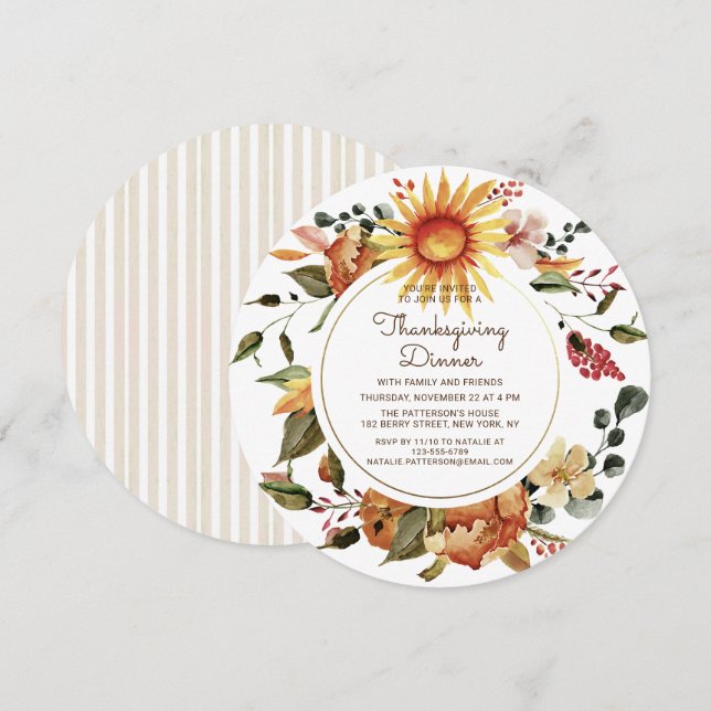 Invitation Dîner de Thanksgiving Floral Aquarelle Rustique (Devant / Derrière)