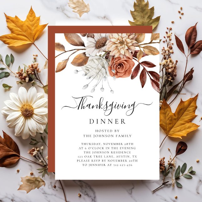 Invitation Dîner de Thanksgiving Floral Élégant d'Automne  (Elegant Fall Floral Thanksgiving Dinner Invitation)