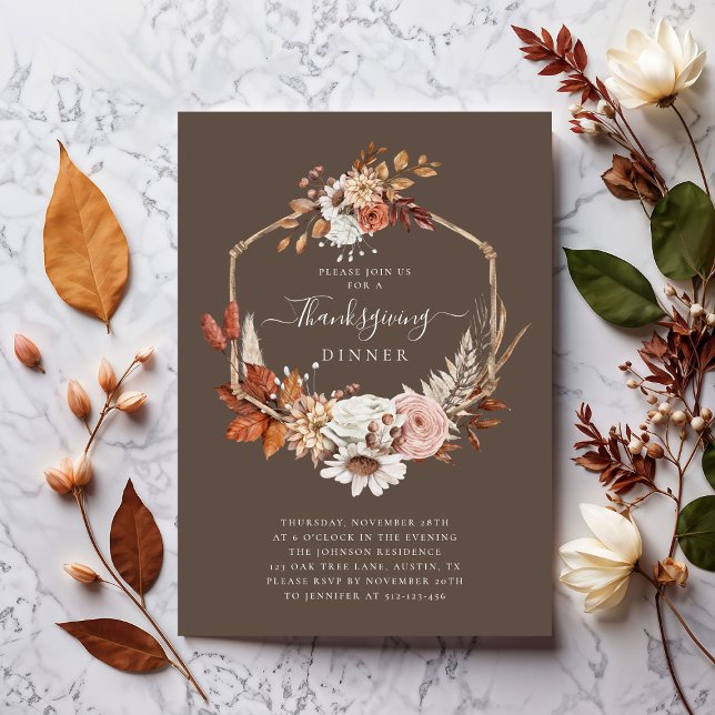 Invitation Dîner de Thanksgiving Floral Élégant d'Automne  (Elegant Fall Floral Thanksgiving Dinner Invitation)