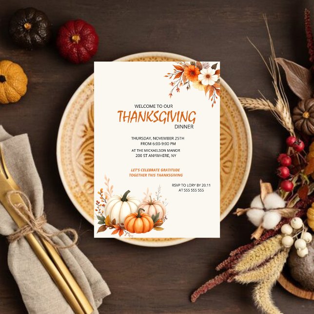 Invitation Dîner de Thanksgiving Floral Élégant Rustique (Créateur téléchargé)