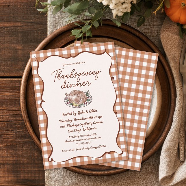 Invitation Dîner de Thanksgiving Gingham Automnal Rustique (Créateur téléchargé)