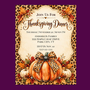 Invitation Dîner de Thanksgiving Glam Leopard Bow Pumpkin