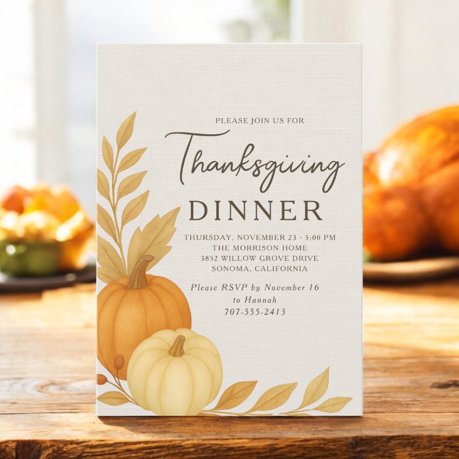 Invitation Dîner de Thanksgiving Lin rustique de citrouille (Créateur téléchargé)