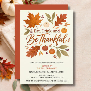 Invitation Dîner de Thanksgiving Manger Boire & Être Reconnai