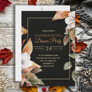 Invitation Dîner de Thanksgiving noir élégant avec feuilles d