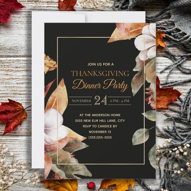 Invitation Dîner de Thanksgiving noir élégant avec feuilles d (Elegant black Thanksgiving dinner party invitation)