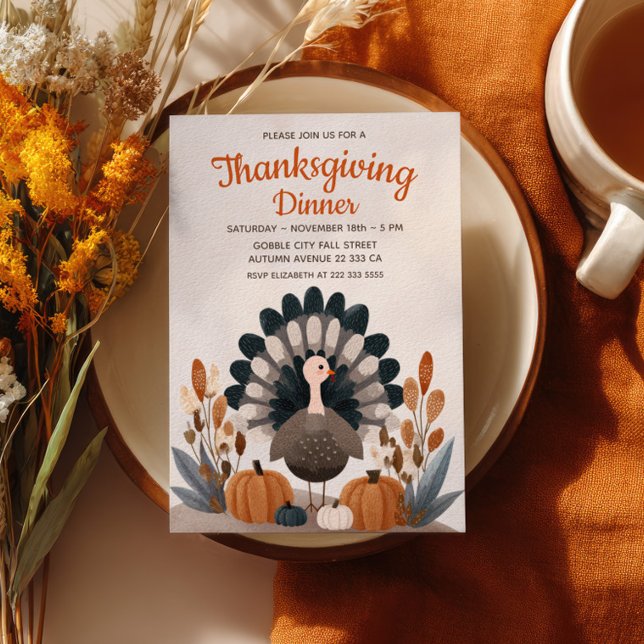 Invitation Dîner de Thanksgiving pastel avec dinde et feuilla (Créateur téléchargé)