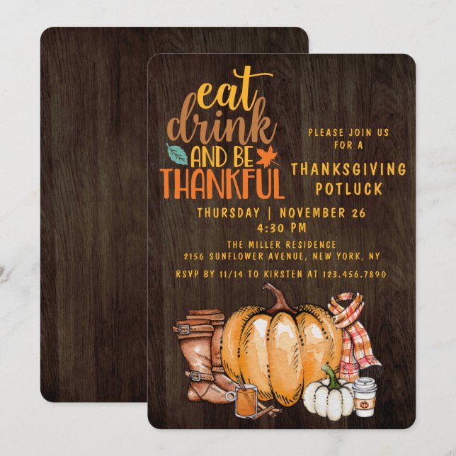 Invitation Dîner de Thanksgiving Potluck Aquarelle Moderne d' (Devant / Derrière)