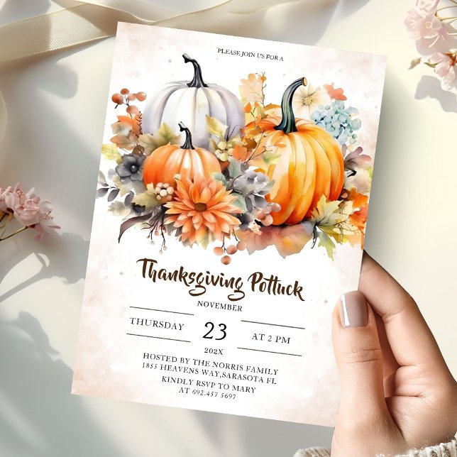 Invitation Dîner de Thanksgiving Potluck Pumpkin Rustique (Créateur téléchargé)