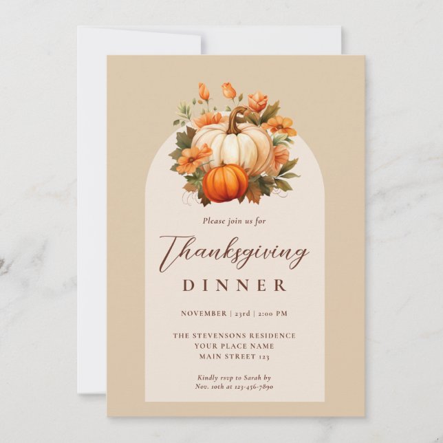 Invitation Dîner de Thanksgiving Pumpkin Floral Script Arch (Devant)