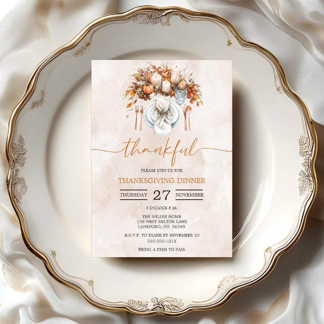Invitation Dîner de Thanksgiving reconnaissant  (Formal Thankful Watercolor Thanksgiving Dinner Invitation)