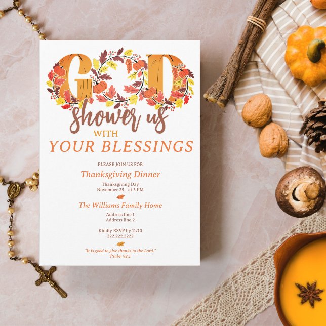 Invitation Dîner de Thanksgiving religieux Citation de la Bib (Religious Thanksgiving Dinner Faith Bible Quote Invitation Prayer Shower Your Blessings)