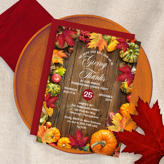 Invitation Dîner de Thanksgiving - Remerciements rustiques bo (Rustic Woodsy "Giving Thanks" Thanksgiving Dinner Invitation with Pumpkin-Frame on a Wood Background)