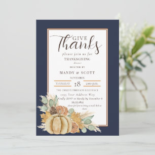 Invitation Dîner de Thanksgiving Remercier Aquarelle Bleu