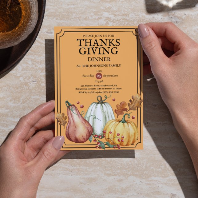 Invitation Dîner de Thanksgiving rustique à l'eau de citrouil (Pumpkin Rustic Thanksgiving Dinner Fall Watercolor Invitation)