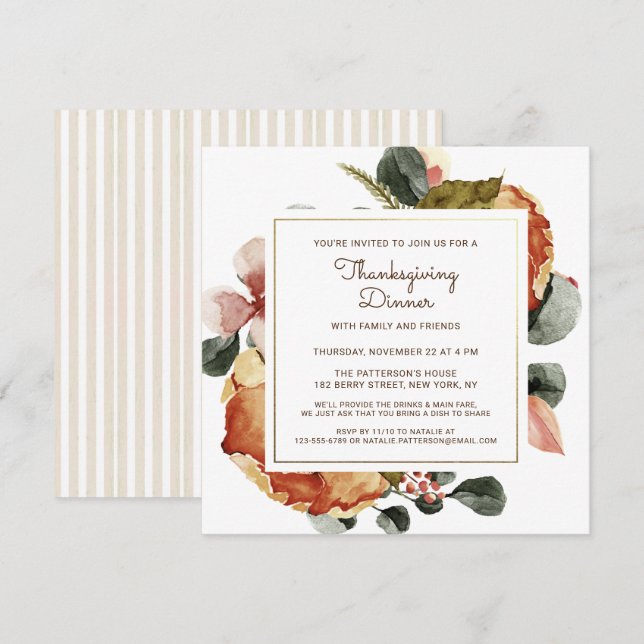 Invitation Dîner de Thanksgiving rustique avec floral aquarel (Devant / Derrière)