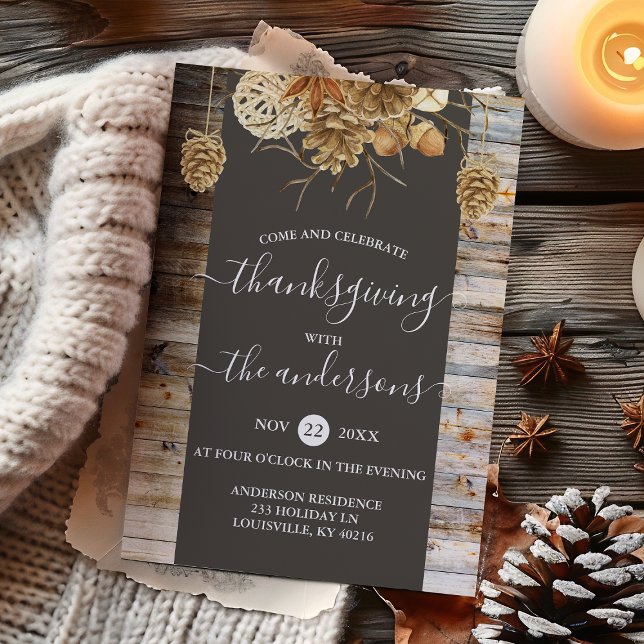 Invitation Dîner de Thanksgiving Rustique Bois de Pays Cône d (Créateur téléchargé)