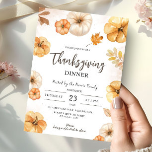 Invitation Dîner de Thanksgiving rustique Citrouille aquarell
