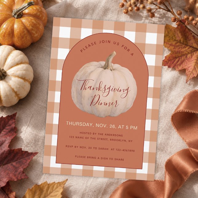 Invitation Dîner de Thanksgiving rustique Citrouille et Gingh (Créateur téléchargé)