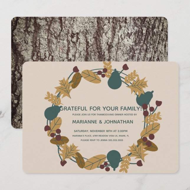 Invitation Dîner de Thanksgiving rustique Couronne de fête re (Devant / Derrière)