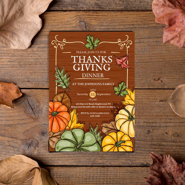 Invitation Dîner de Thanksgiving rustique fantaisiste Citroui (Whimsical Rustic Thanksgiving Dinner Pumpkin Fall Invitation)