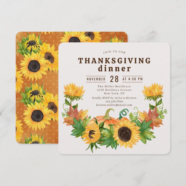 Invitation Dîner de Thanksgiving Rustique Tournesol Citrouill (Devant / Derrière)