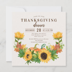 Invitation Dîner de Thanksgiving Rustique Tournesol Citrouill