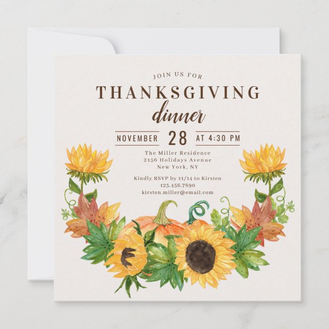 Invitation Dîner de Thanksgiving Rustique Tournesol Citrouill (Devant)