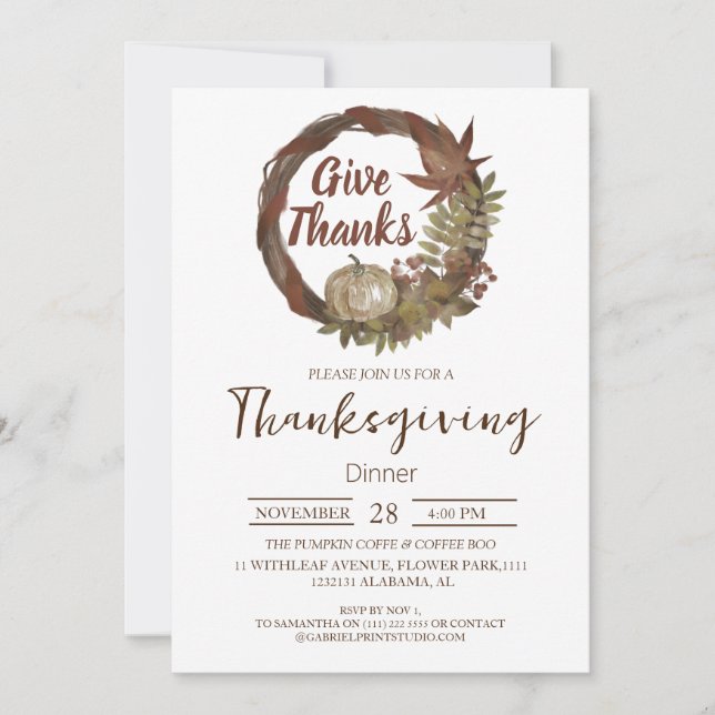 Invitation Dîner de Thanksgiving simple aquarelle Citrouille  (Devant)