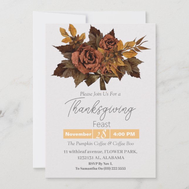 Invitation Dîner de Thanksgiving simple aquarelle fleur autom (Devant)