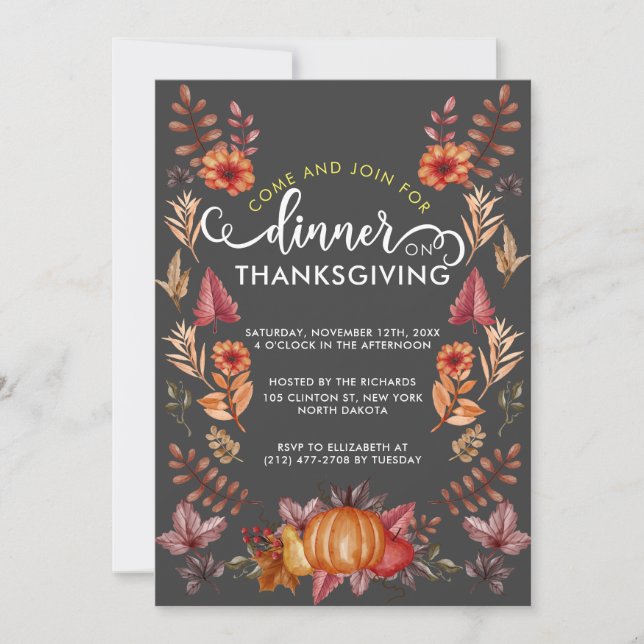 Invitation Dîner de Thanksgiving sur le thème noir aquarelle  (Devant)