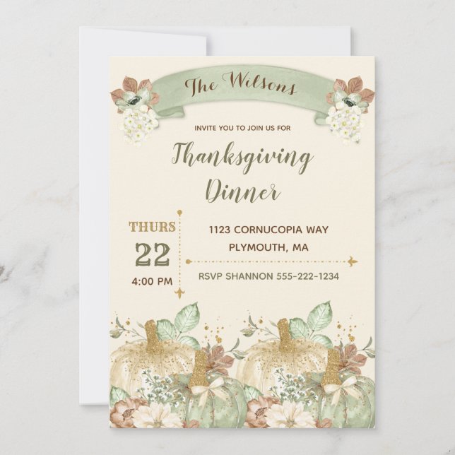 Invitation Dîner de Thanksgiving Vert Ivoire Marron Or (Devant)