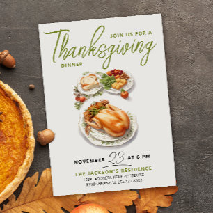Invitation Dîner de Thanksgiving vert reconnaissant Aquarelle