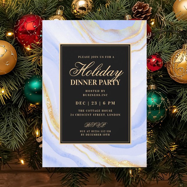 Invitation Dîner de vacances en marbre FAUX bleu marine forme (Formal Navy Blue Glam FAUX Marble Holiday Dinner Invitation)