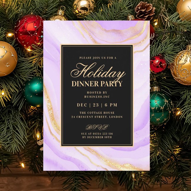Invitation Dîner de vacances en marbre FAUX Glamour Violet Fo (Formal Purple Glam FAUX Marble Holiday Dinner Invitation)