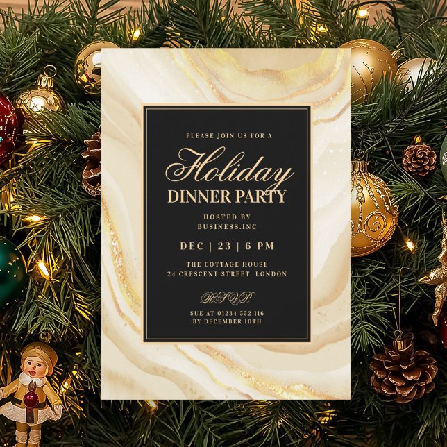 Invitation Dîner de vacances en marbre FAUX Or Formel Glamour (Formal Gold Glam FAUX Marble Holiday Dinner Invitation)