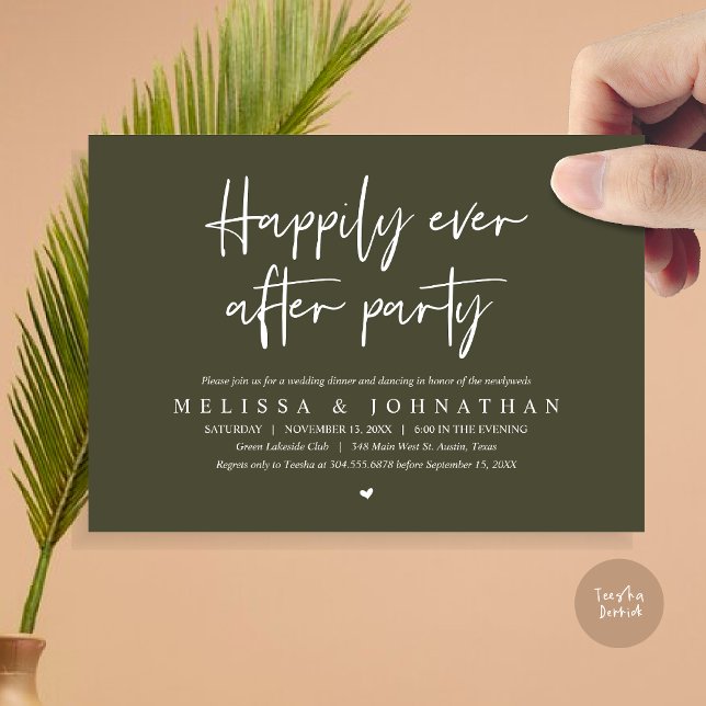 Invitation Dîner d'Elopement mariage, Heureusement toujours a (Wedding Elopement Dinner, Happily Ever after Party Invitation Card, PDF, in Olive Green)