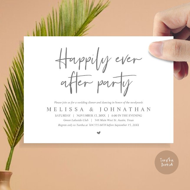 Invitation Dîner d'Elopement mariage, Heureusement toujours a (Wedding Elopement Dinner, Happily Ever after Party Invitation Card, PDF, in Dark Grey)