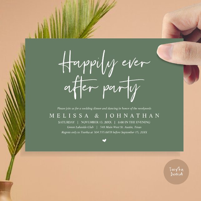 Invitation Dîner d'Elopement mariage, Heureusement toujours a (Wedding Elopement Dinner, Happily Ever after Party Invitation Card, PDF, in Sage Green)