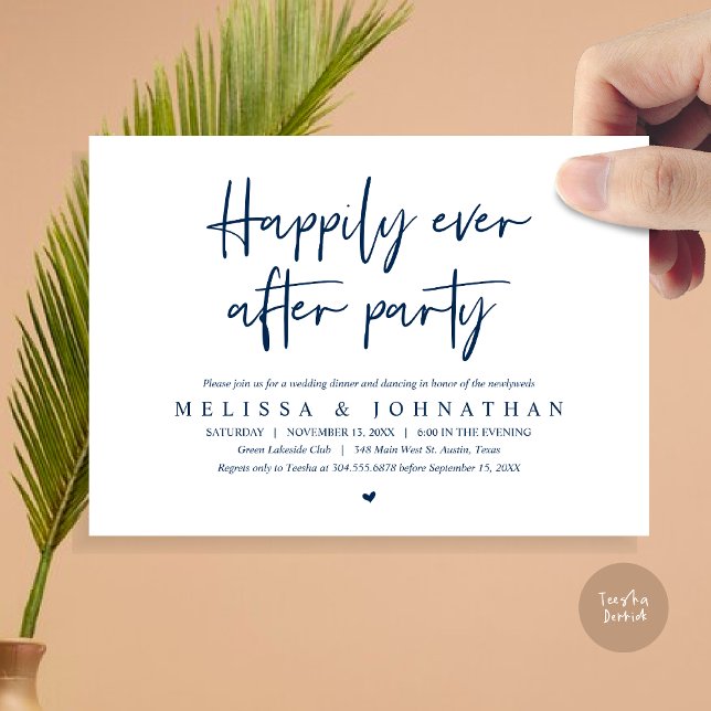 Invitation Dîner d'Elopement mariage, Heureusement toujours a (Wedding Elopement Dinner, Happily Ever after Party Invitation Card, PDF, in Navy Blue)