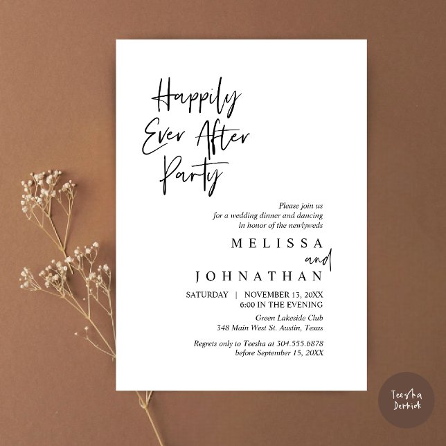 Invitation Dîner d'Elopement mariage, Heureusement toujours a (Happily Ever after Party, Wedding Elopement Dinner Invitation Card, PDF, in Black and White)