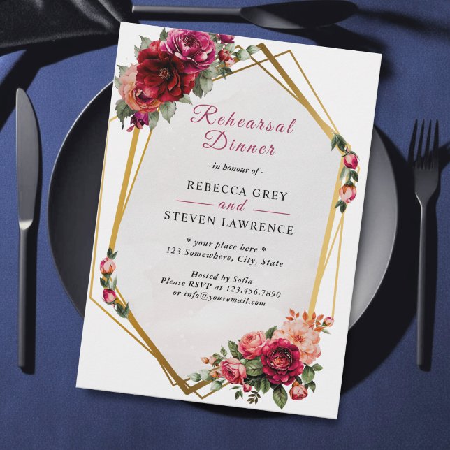 Invitation Dîner d'essai chic rouge rose floral faux or (Créateur téléchargé)