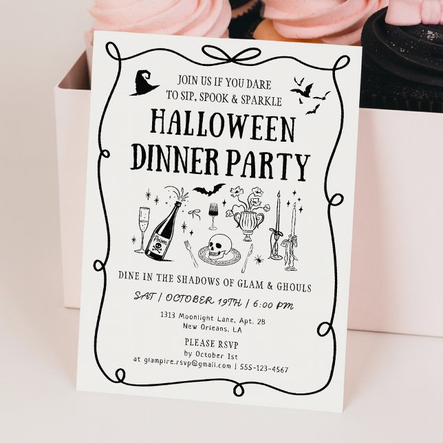 Invitation Dîner d'Halloween moderne, blanc cassé Boos & Bows (Créateur téléchargé)